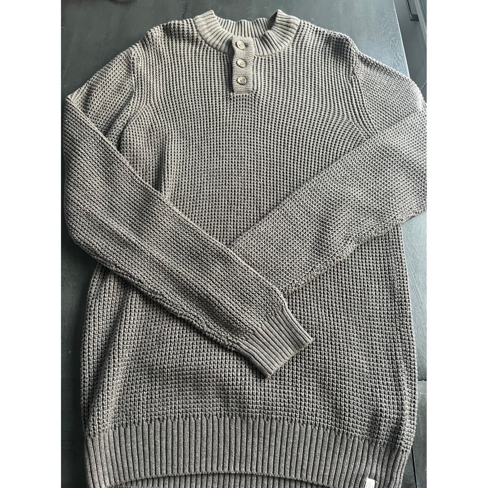 Old Ranch Brands Mens Organic Cotton Waffle Knit Henley Sweater Grey Large